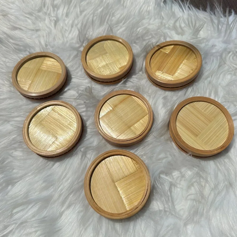 Vintage 7 Piece Set Bamboo Boho Coasters Ornate Midcentury Retro Mod Geo Decor